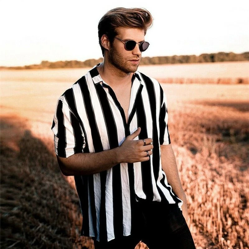 Camisa A Rayas Para Hombres Moda Elegante De Verano Mangas Cortas Lujo Masculina