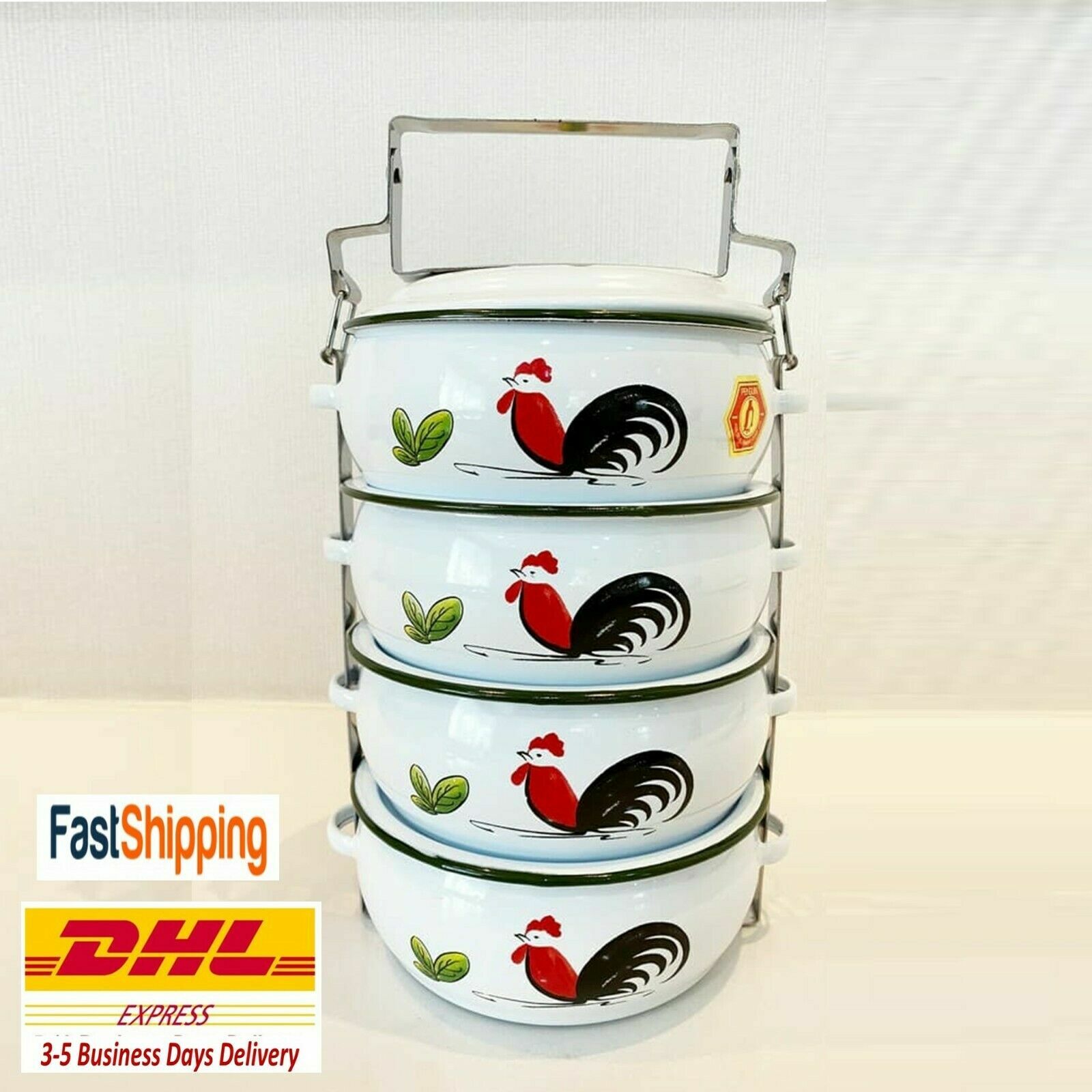 NEW 4-Stack Food Carrier Vintage Lunch Box Enamelware Pinto Thai Classic Picnic