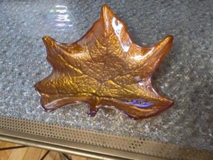 Vintage Autumn Maple Leaf Glass Candy Dish Metallic Copper 