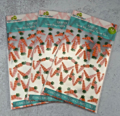 45 (3 packs of 15) cellophane Easter treat bags 5'' x 9'' carrot design twist ties