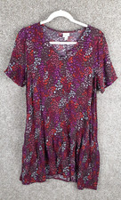A New Day Ruffle Hem Shift Dress Womens M Pink Purple Floral Short Sleeve Pocket