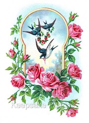 Bluebirds Pink Roses Cotton Crazy Quilt Block Multi Sizes (B3