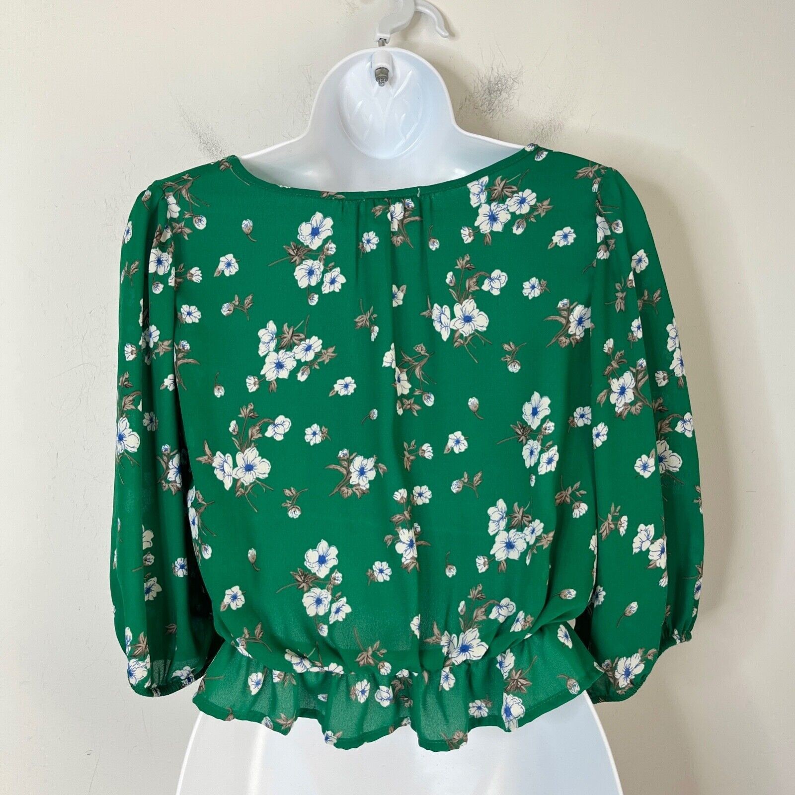Sienna Sky Women's Peplum Top S Green Floral Print Tie Crop Ruffle 3/4 Sleeve