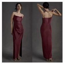 BHLDN x ANTHROPOLOGIE Jennings Cowl-Neck Ruched Side Satin Dress Burgundy Sz 4