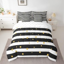 King Comforter Set 7 Pcs Black and White Stripe Bed in a Bag for Girls Boys G...