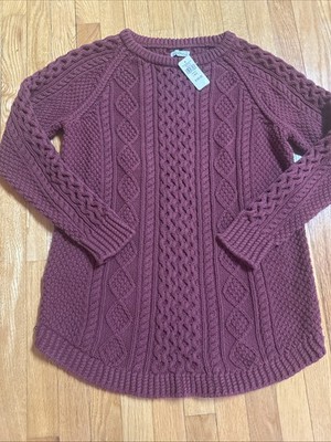 LL Bean Signature Cotton Fisherman Cable Knit Tunic Womens L Sweater NWT burgund