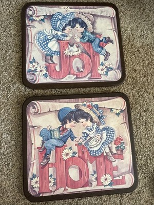 2 Vintage HOMCO Wooden Wall Plaques JOY & HOME 1970s 11.5x10