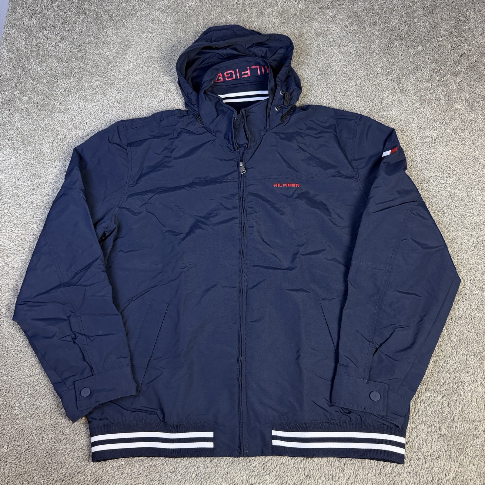 Tommy Hilfiger Jacket Mens 2XL Blue Windbreaker Hooded Lined Full Zip Pockets