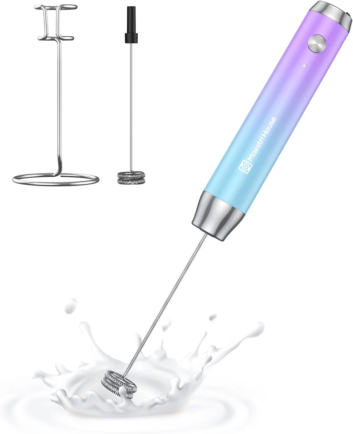 Rechargeable Milk Frother w/ Stand,Handheld Electric Foam Maker-Detachable Whisk