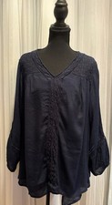 Style  Co Navy Blue Mesh Lace Embroidered V-Neck Long Sleeve Blouse 1X Women