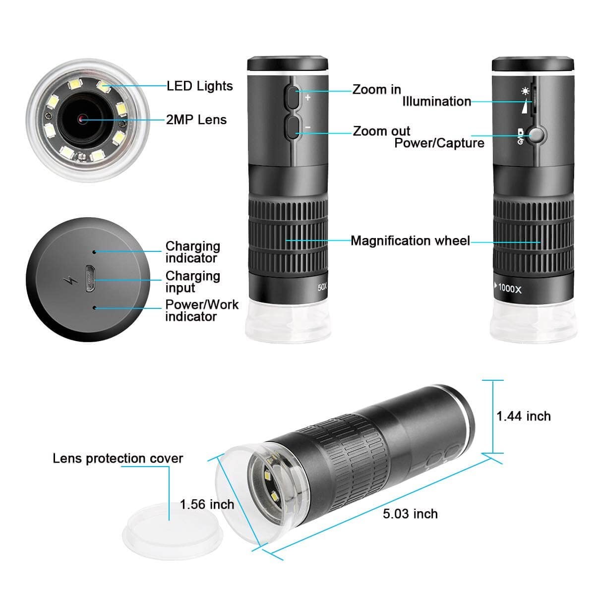 WiFi USB Digital Microscope 50 to 1000x Wireless Magnification Endoscope 8 LE...