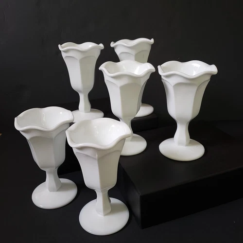 Six Vtg 1970s Milk Glass Tulip Ruffled Style Edge Parfait Sundae Water Goblets