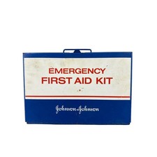 Vintage Johnson & Johnson Blue Metal Emergency First Aid Kit Box Old First Aid