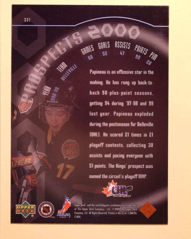 1999-00 UPPER DECK PROSPECTS 2000 #331 JUSTIN PAPINEAU BELLEVILLE BULLS - Image 2 of 2