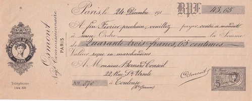 43.65 francs - bank cheque receipt - practical business school - 1912