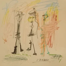 ORIGINAL VINTAGE OOAK ABSTRACT EXPRESSIONISM CUBIST STICK FIGURE INK DRAWING 