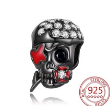 Sterling Silver Black Crystal Gothic Skull Charm  FREE BRACELET. BNIP UK