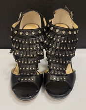 Jimmy Choo Black Studded Fringe Leather Platform Peep Toe Heels Size 37.5 Italy