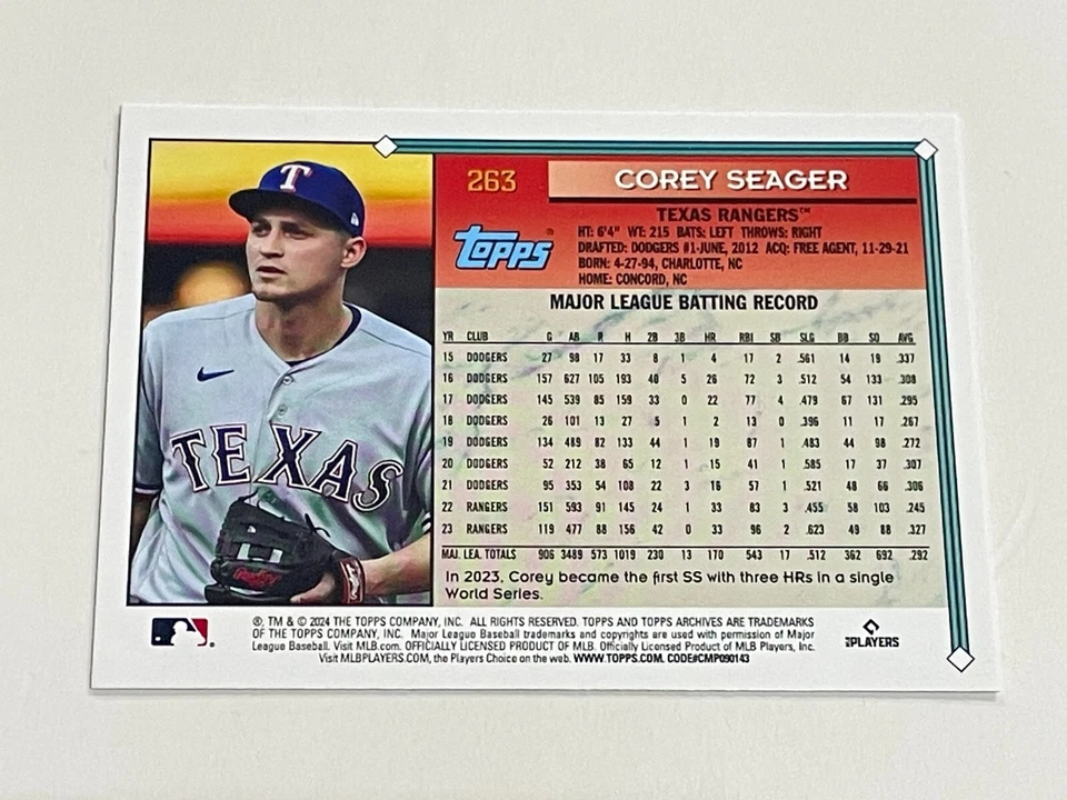 2024 Topps Archives Baseball #263 - Corey Seager - Texas Rangers - Image 2 of 2