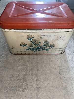 Vintage Mid Century Colorware NC Tin Breadbox w Floral Motif