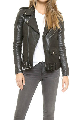 Damen 100 % echtes Lammleder Leder schwarz Gürtel Biker Jacke Motorrad Mantel