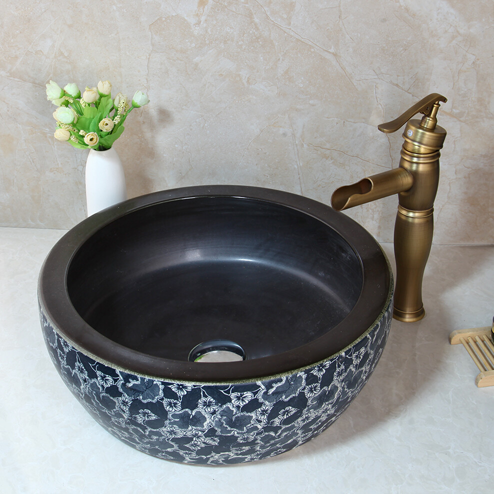 【TraditionalWhetherWear】UNIONSLACKS106 Bathroom Hand Paint Retro Round Ceramic Wash Basin & Faucet Mixer