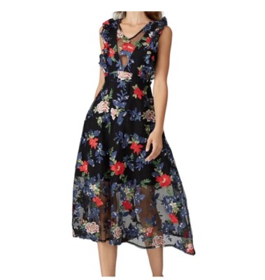 Vone Anthropologie Avalyn Floral Black Embroidered Dress Flutter Sleeves Size 12
