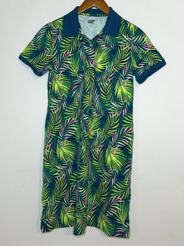 Lands’ End Tropical Palm Leaf Print Collared Polo Dress Green Navy Pink Sz S