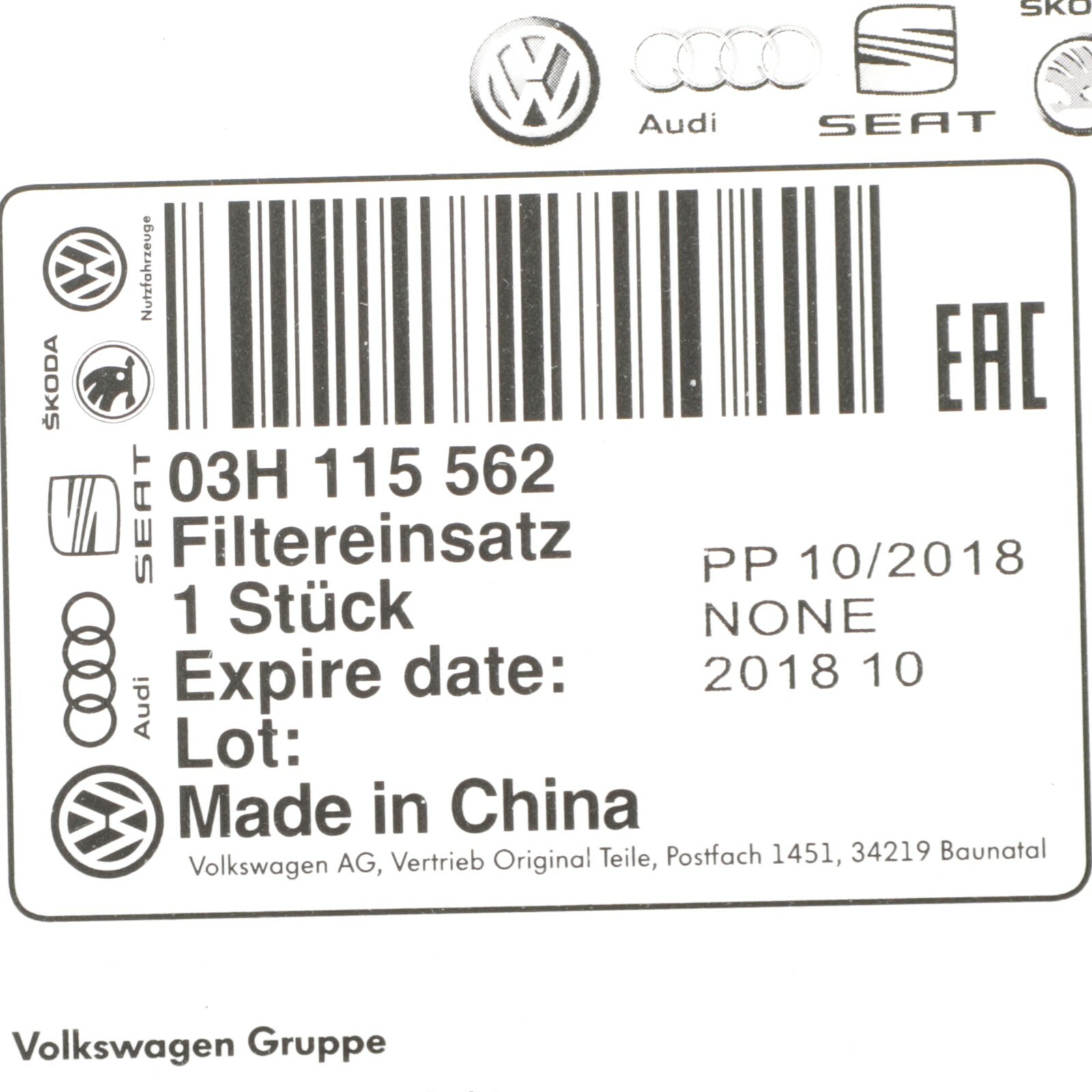 NEW OE VW Volkswagen Engine Oil Filter Element Atlas CC Touareg Passat 03H115562