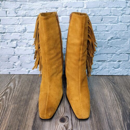 VTG Golden Tan Leather Suede Fringe Boots Boho Hippie Cowgirl Western 90s US 9.5 - Picture 3 of 12