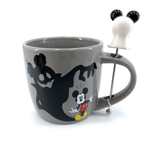 Disney Mug Mickey Mouse Halloween Ghost with Stirrer Gray Black 4" NWOT - Bild 6 von 8