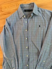 EuC Ralph Lauren Mens work Casual Dress Shirt L Large Blue plaid