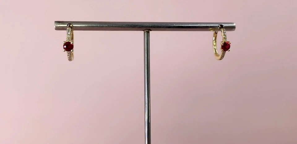 Ruby Diamond Huggie Earrings 14k White Gold 0.35CT Natural Mini Hoop Round Cut - Image 2 of 4