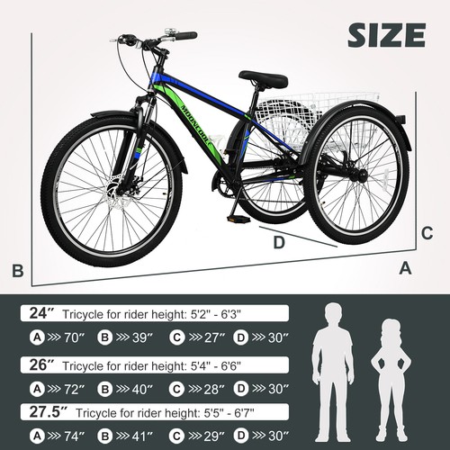 24/26/27.5inch Adult Mountain Tricycle 7Speed 3Wheel Cruiser Trike Bike w/Basket - Picture 2 of 32