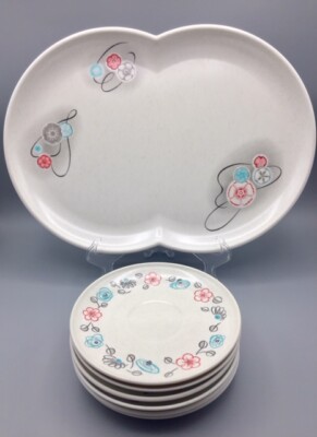 Branchell Melmac Kaye Lamoyne MCM Button Flower Platter & 7 saucers plates Cute