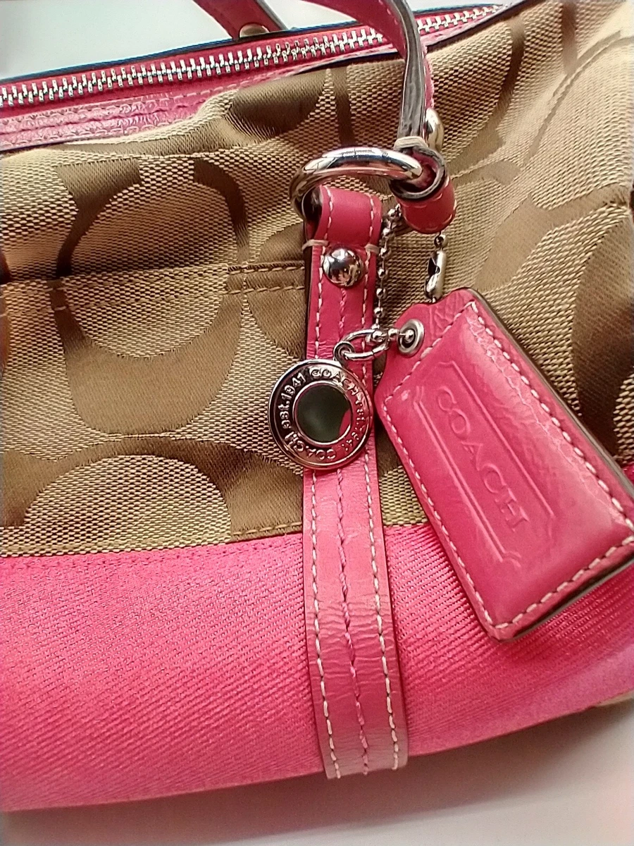 Mint Coach Handbag Fuchsia Pink and Khaki Classic Canvas Leather Trim w Charm