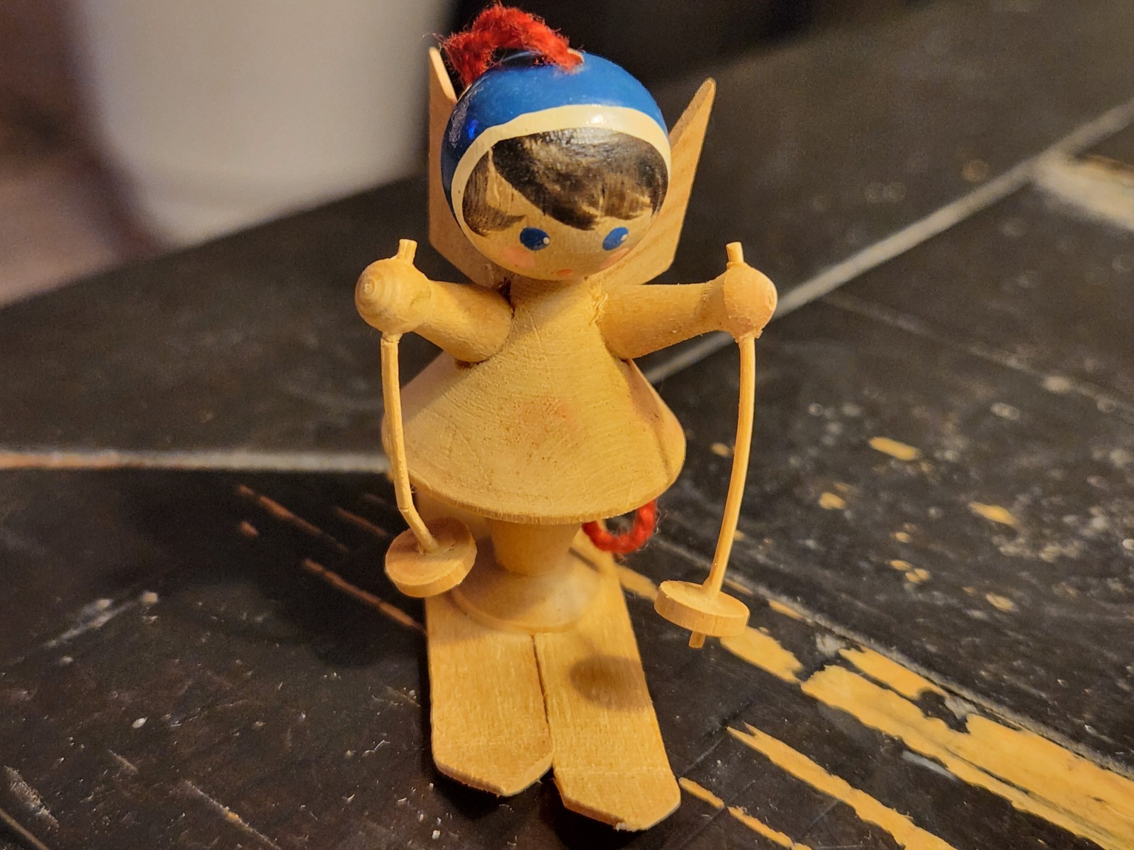Vintage German Wooden Skiing Angel Christmas Ornament