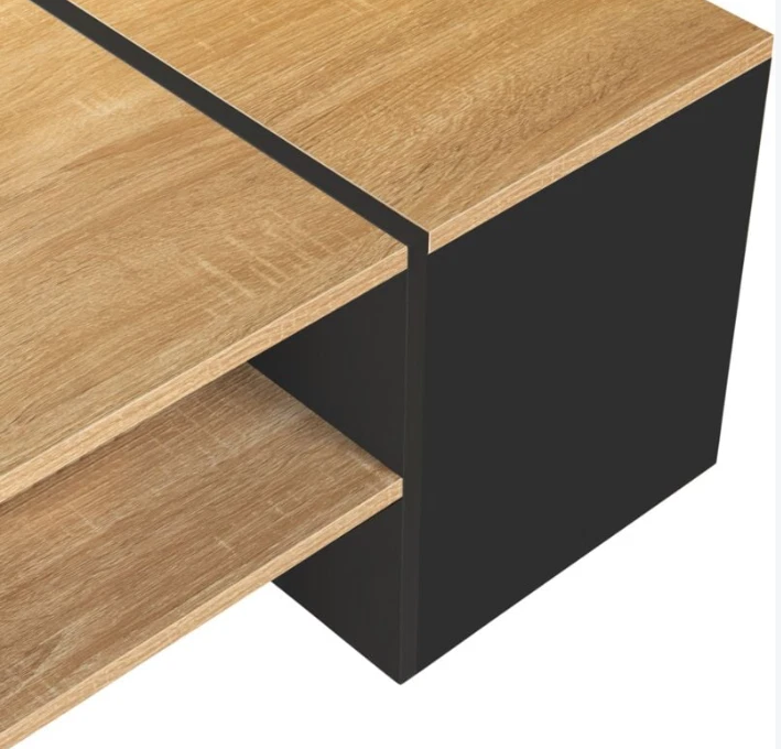 Table basse bar contemporaine rectangulaire avec coffre noir et plateaux bois - Photo 3/4