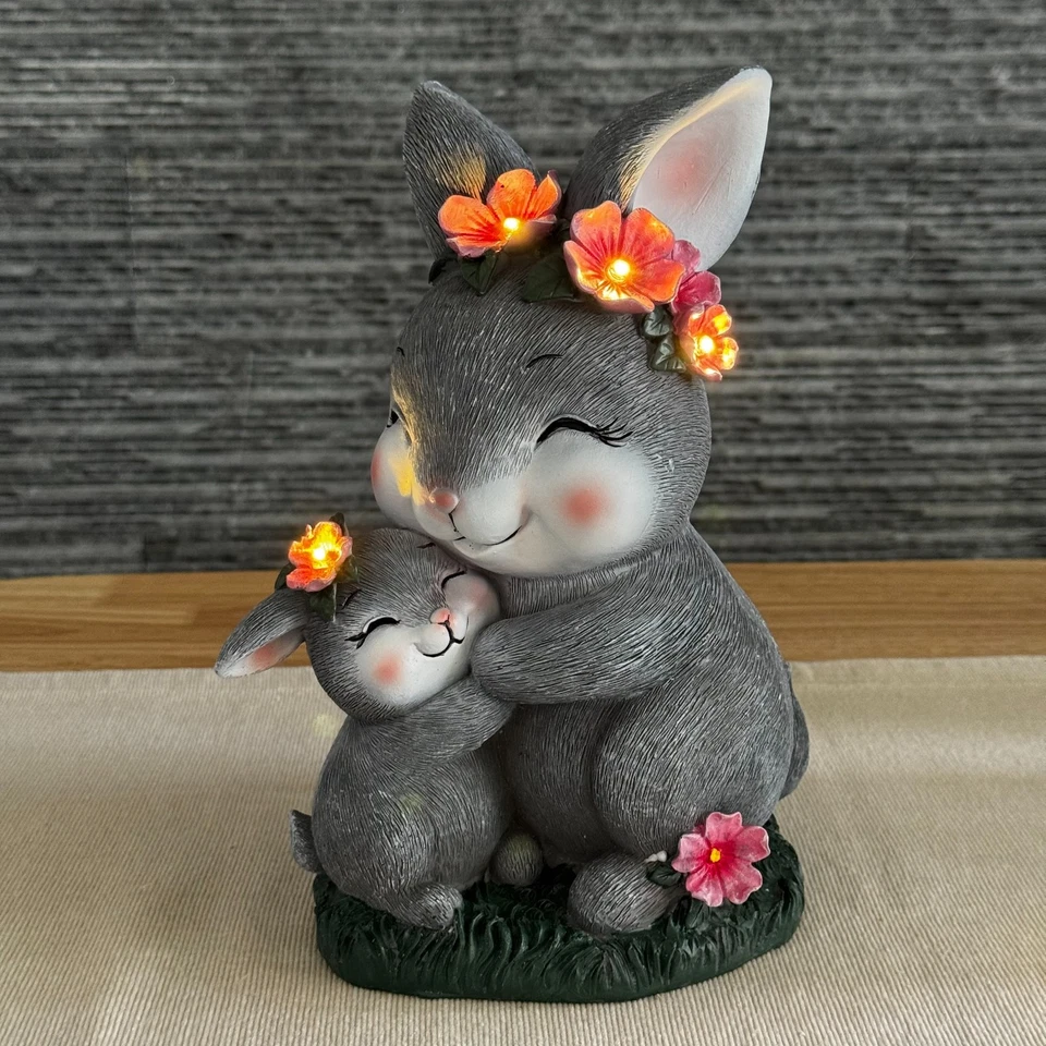 Estatuilla de conejito de cerámica con luces solares impermeable jardín conejo decoración regalo Foto 2 de 4