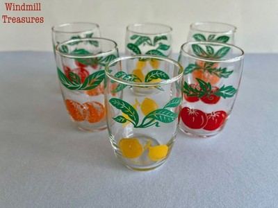 6 VINTAGE FRANZÖSISCHE FRUCHTSAFTGLÄSER ORANGE TOMATE ZITRONE - TOP ZUSTAND O986