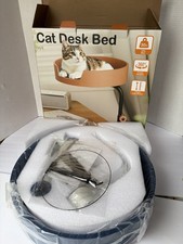 NIB Cat Bed Perch for Desk/Table Blue w/White 360 Mounting  Cushion, Tease Toy