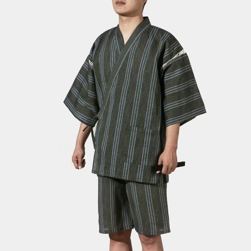 Men Japanese Kimono Pyjama Sets Yukata Jinbei Traditional Stripe Soft Nightwear - Image 3 of 4