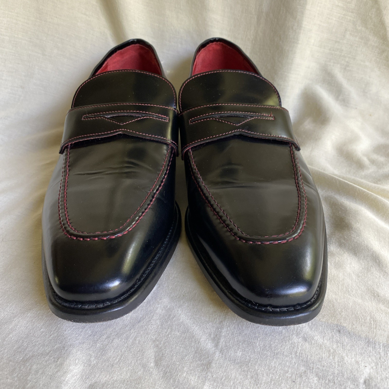 Paul Fredrick Men’s Cooper Black Penny Loafer Red Stitching Sz 12- Made in Italy