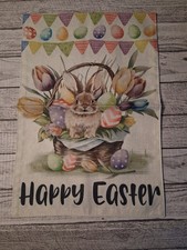 Happy Easter Brown Bunny Basket Garden Flag Floral 12X18 In Double Sided Burlap