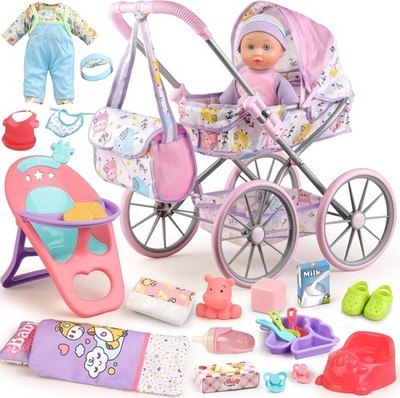 12.5'' Baby Doll Stroller Set with 24 Accessories & 2 Outfits for Girls