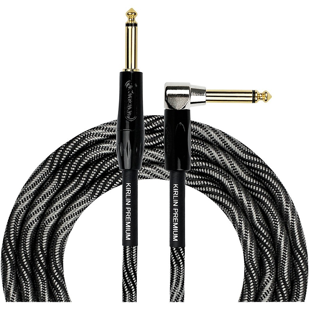 KIRLIN IWB Black/White Woven Instrument Cable 1/4'' Straight to Right Angle 20'