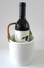 Vintage  White Blanc de Chine Basket Weave Bamboo Handle Wine Cooler/Flower Pot