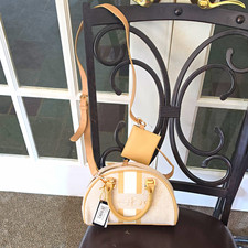 bebe Beige White Logo Satchel Top Handle Zip Gold Hardware Strap w/ Pouch