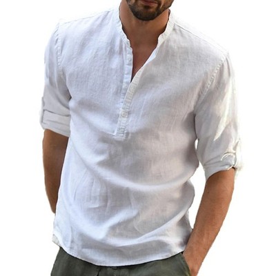 Men's Cotton Linen Henley Long Sleeve Shirt Casual Beach T-shirt Tee Summer Gift