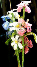Vtg 3 hand beaded French flowers long stems BLUE WHITE PINK Excellent 19" each